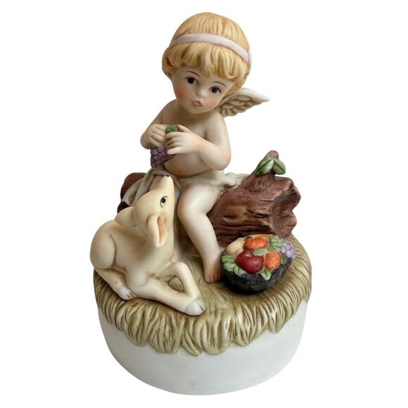 Enesco MUSIC BOX Talk To The Animals Cherub Angel Deer Fruit Basket Ceramic 1984 - Picture 8 of 9